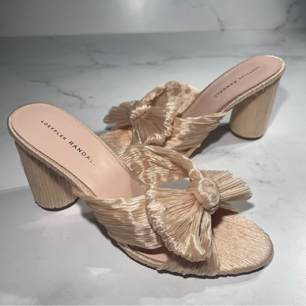 Loeffler Randall Penny Almond Pleated Fabric Knot Mule Heel Sandals